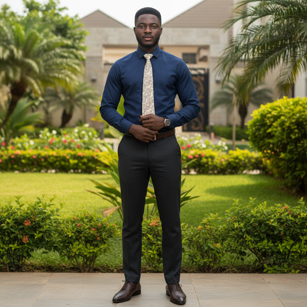 Nigerian male model wearing cream paisley print necktie with dark suit