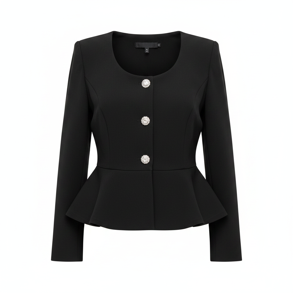 Women's plus-size black peplum jacket – ghost mannequin front view