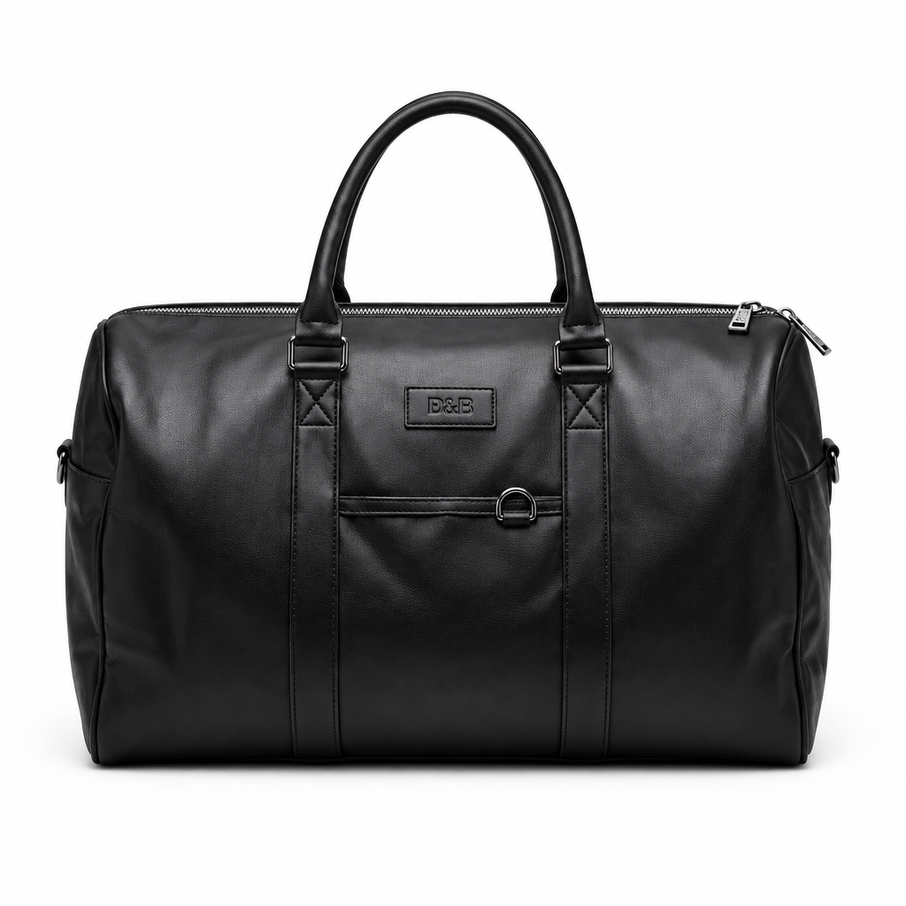 Black smooth-finish twin-handle duffle bag on white background