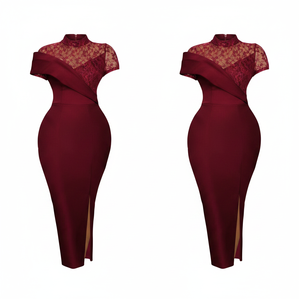 Women's burgundy lace yoke mock neck side slit bodycon midi dress - ghost mannequin view