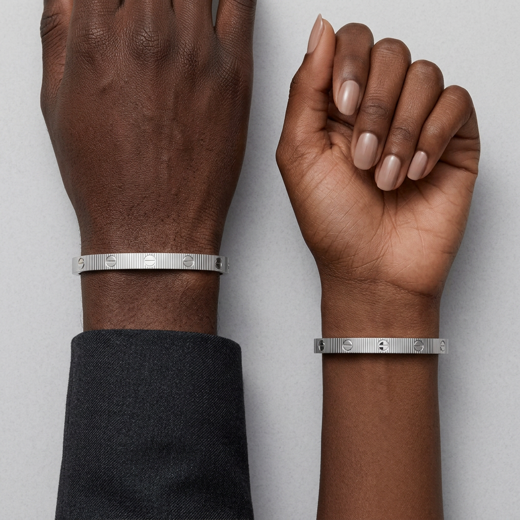 Silver-tone ribbed bracelet styled on male and female wrists