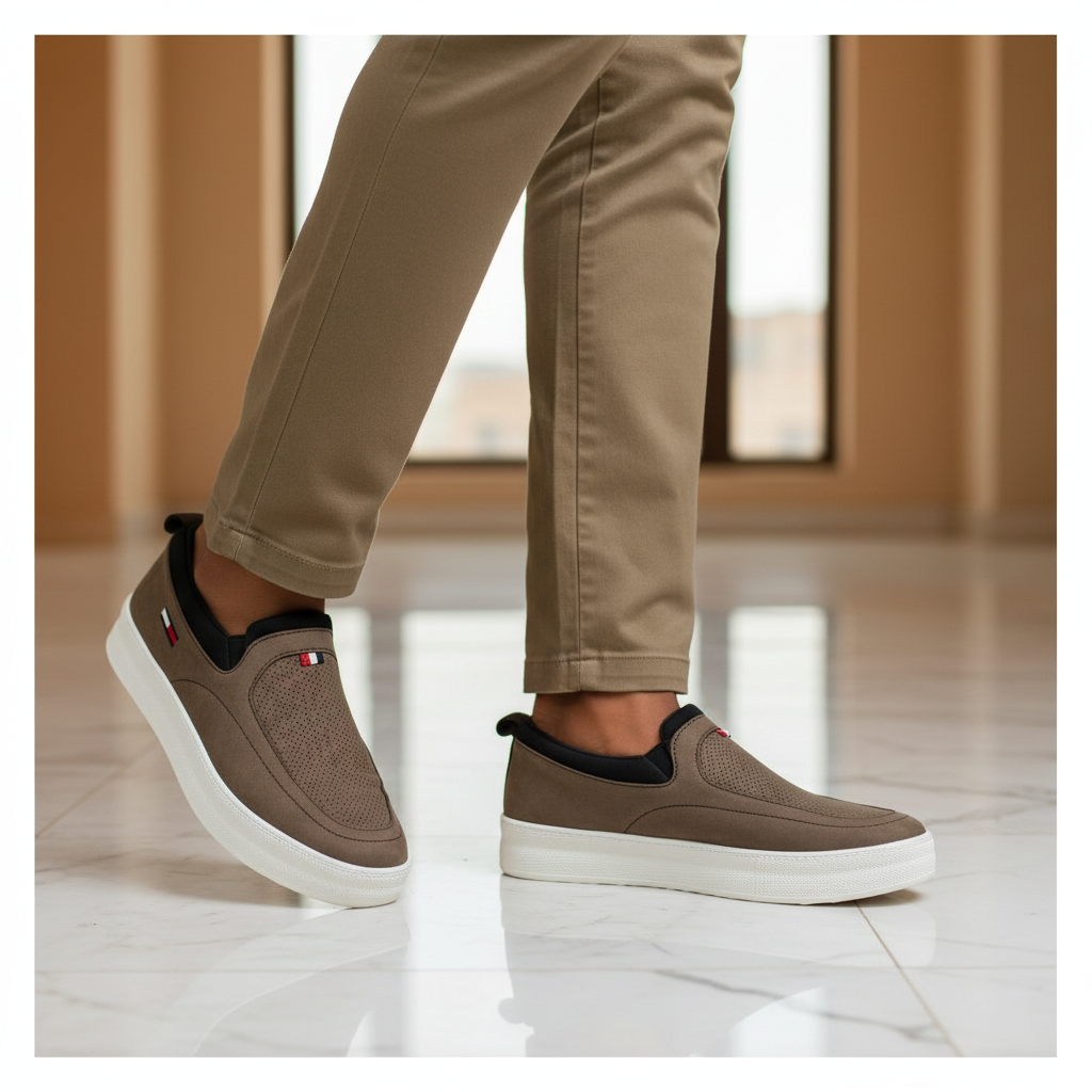Khaki Perforated Suede Slip-On Sneaker - Model Shot