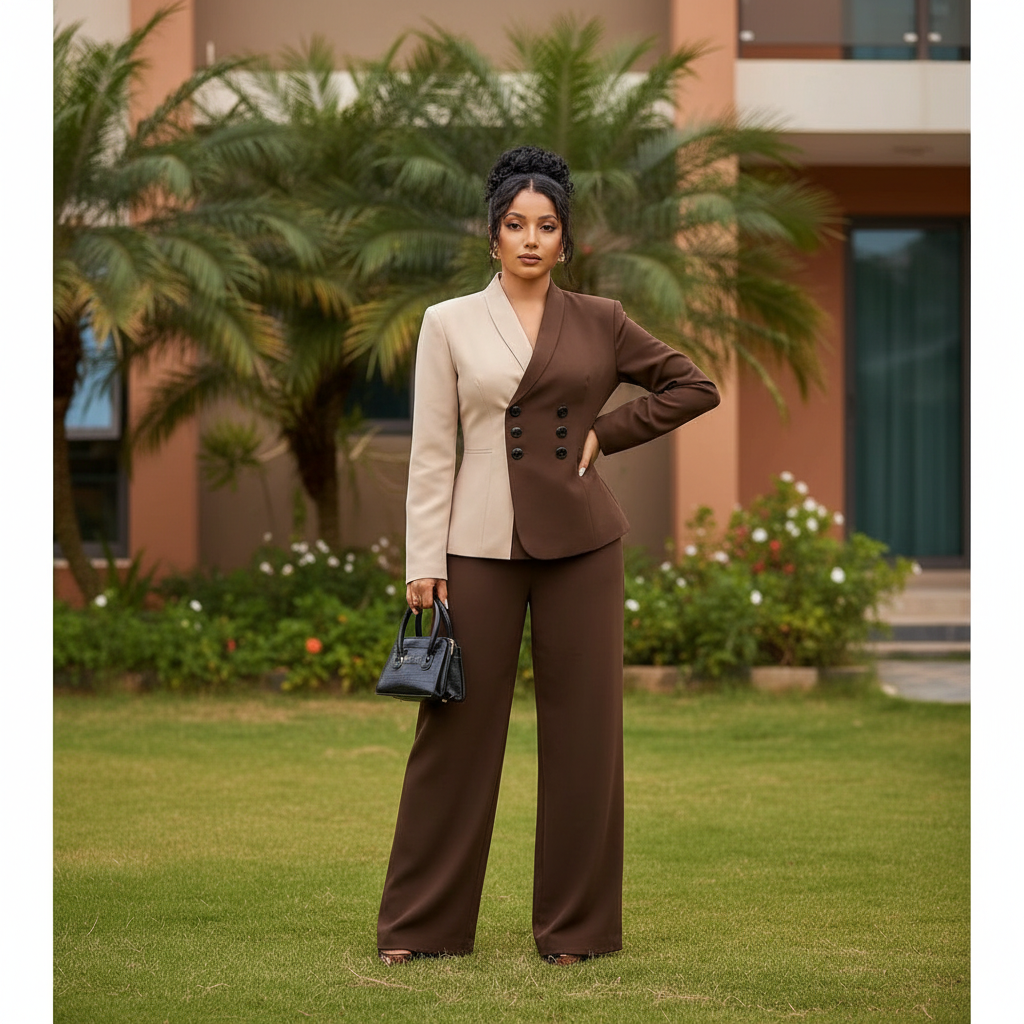 Nigerian female model wearing two-tone blazer and wide-leg trouser suit set
