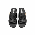 Men's all-black lizard-embossed triple-strap leather flat slide sandals ghost mannequin pair view