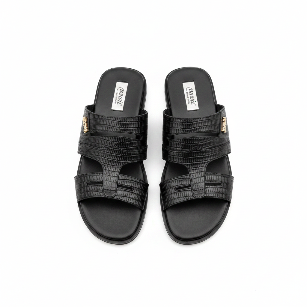Men's all-black lizard-embossed triple-strap leather flat slide sandals ghost mannequin pair view