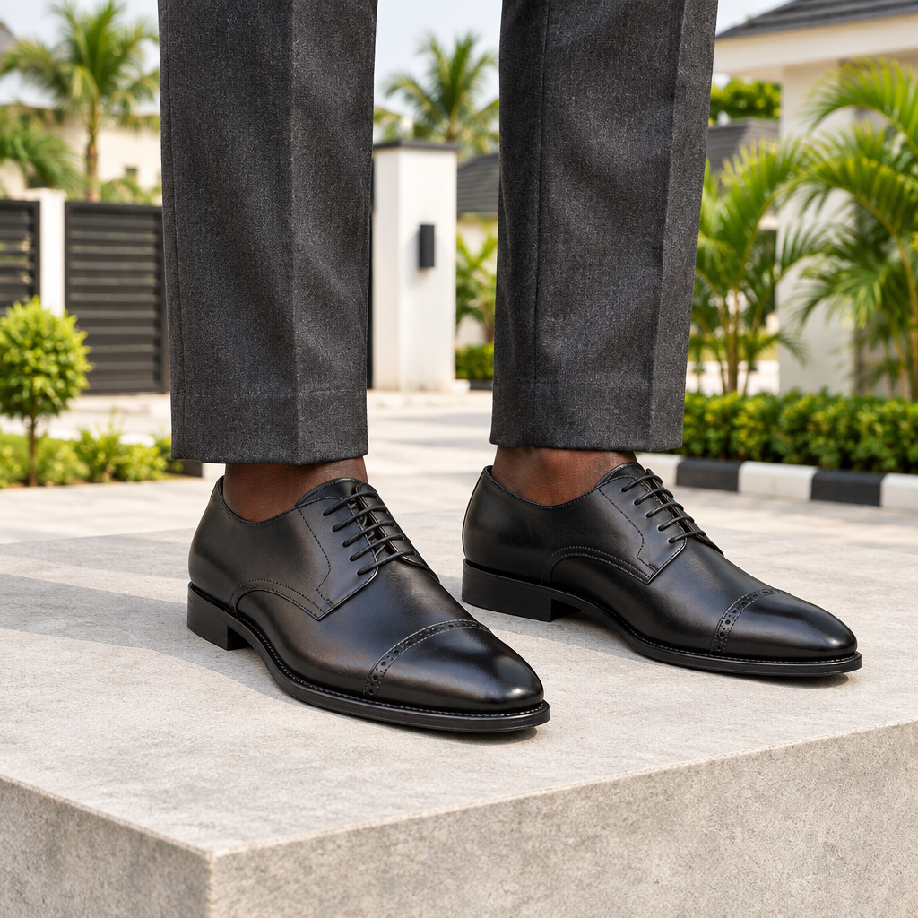 Man wearing black cap-toe lace-up shoes with charcoal trousers