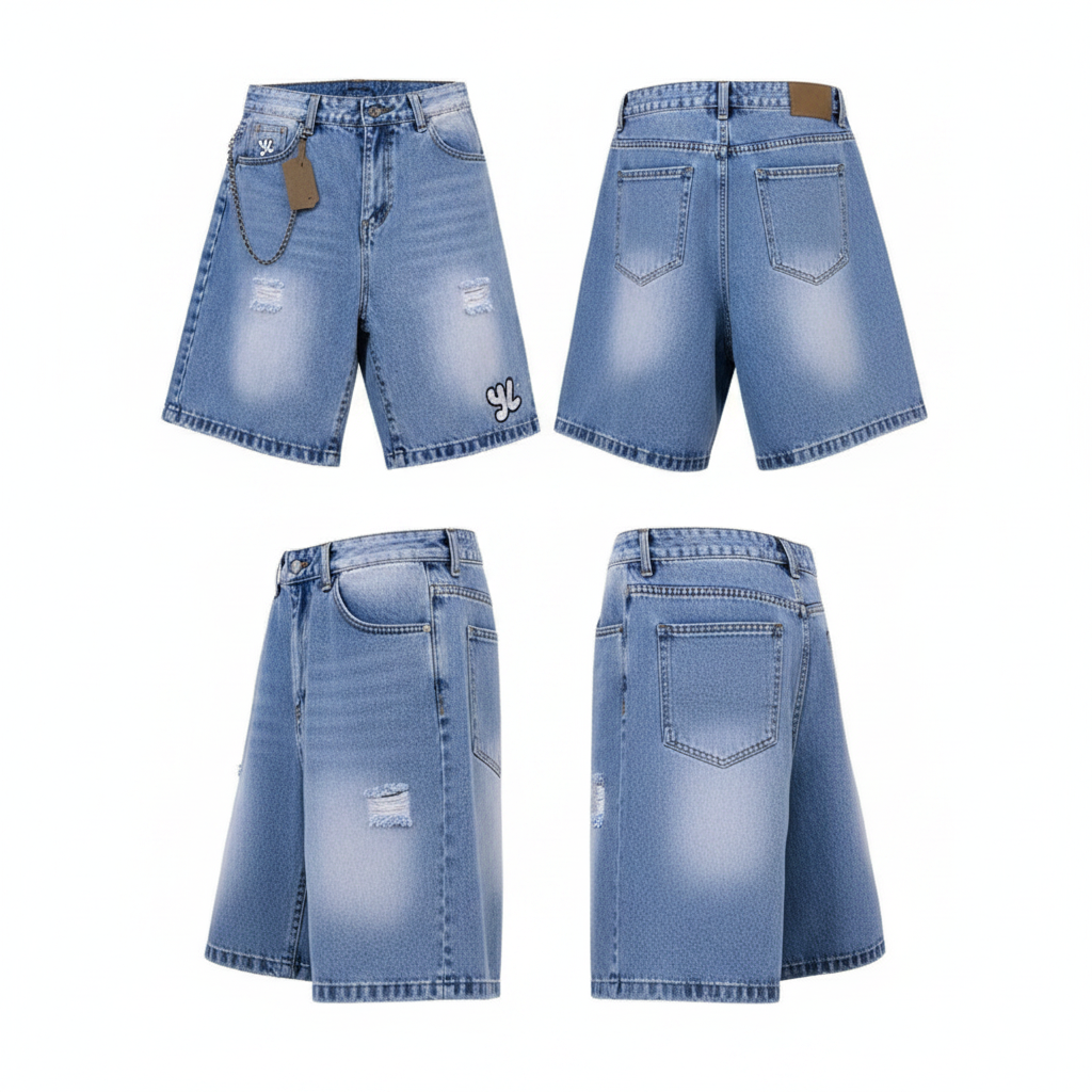 Men's light blue washed logo patch chain detail denim shorts ghost mannequin front and back view