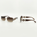 Brown gradient rectangular sunglasses with gold-tone bridge and round decorative temple details, front and side views