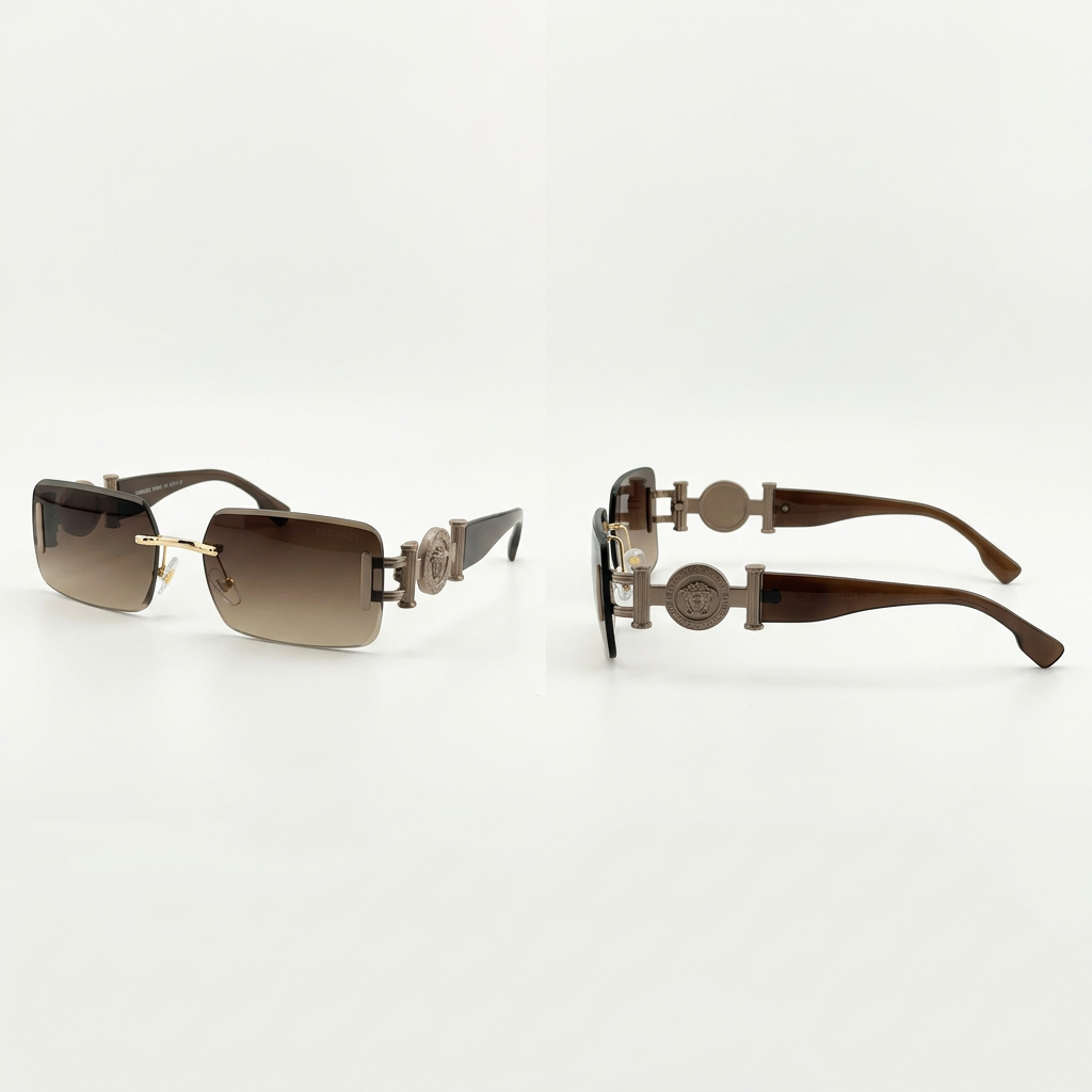 Brown gradient rectangular sunglasses with gold-tone bridge and round decorative temple details, front and side views