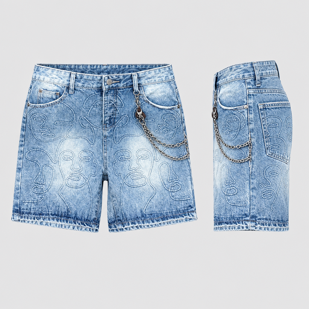 Light blue denim shorts with outline-face drawings and a draped side chain