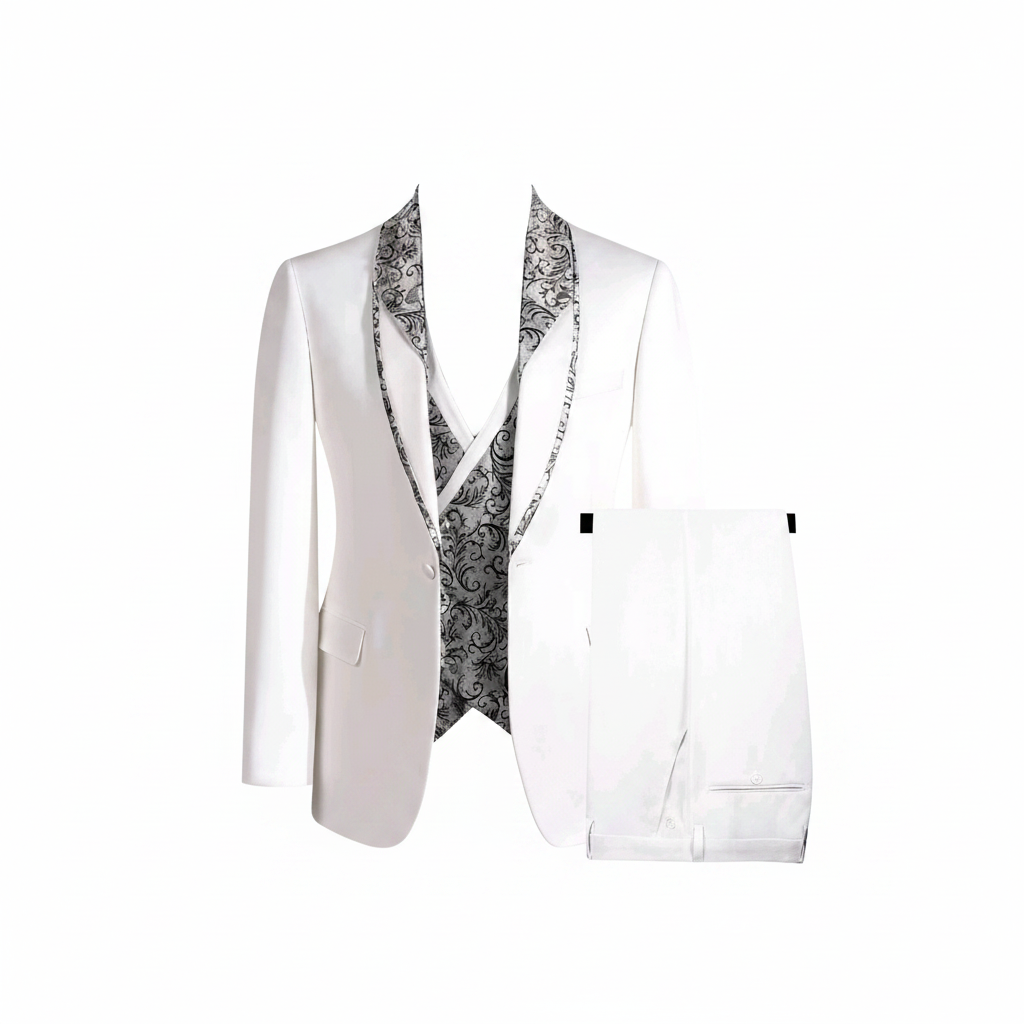 White and silver jacquard shawl lapel 3-piece suit ghost mannequin view