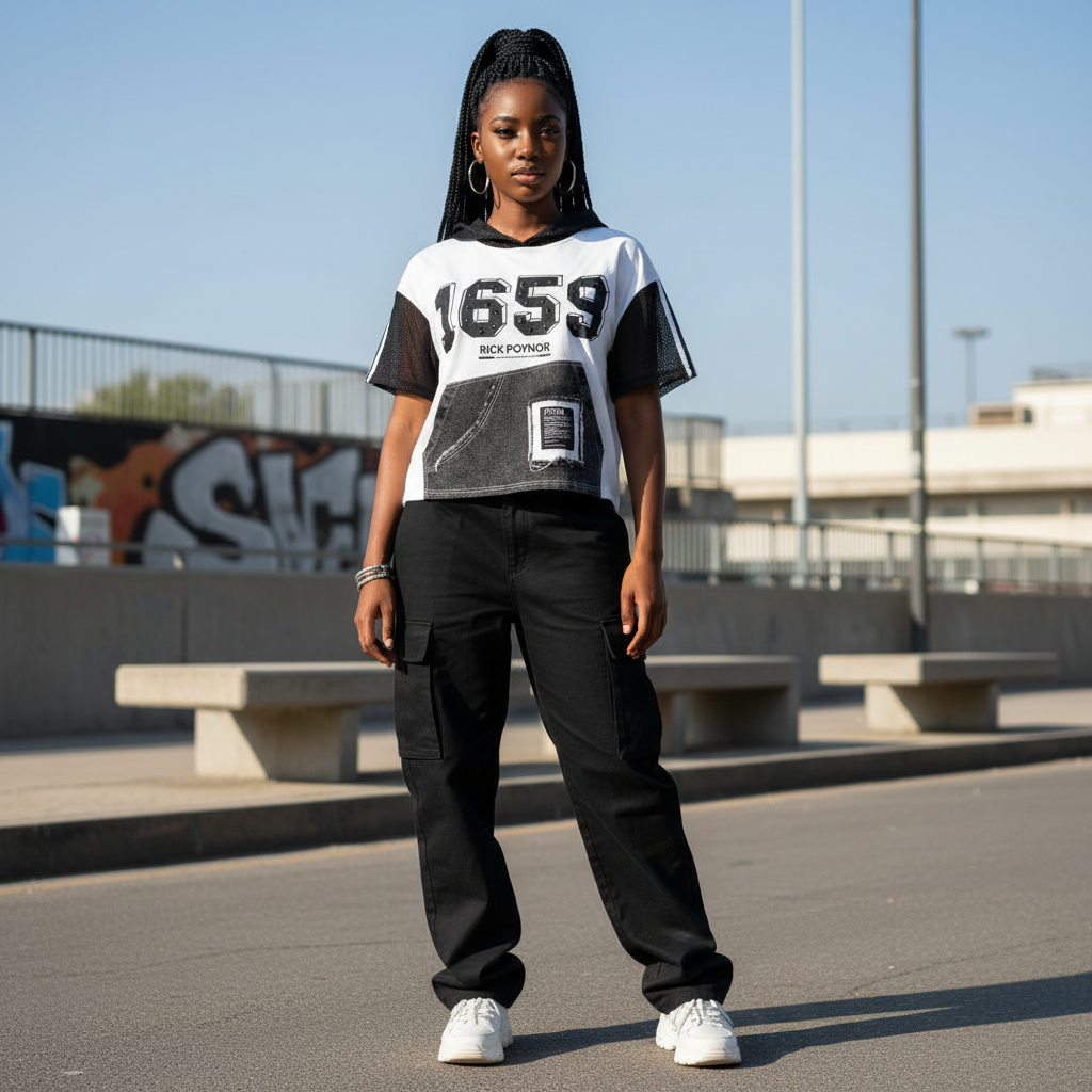 Young Nigerian female model wearing 1659 mesh hood denim crop top