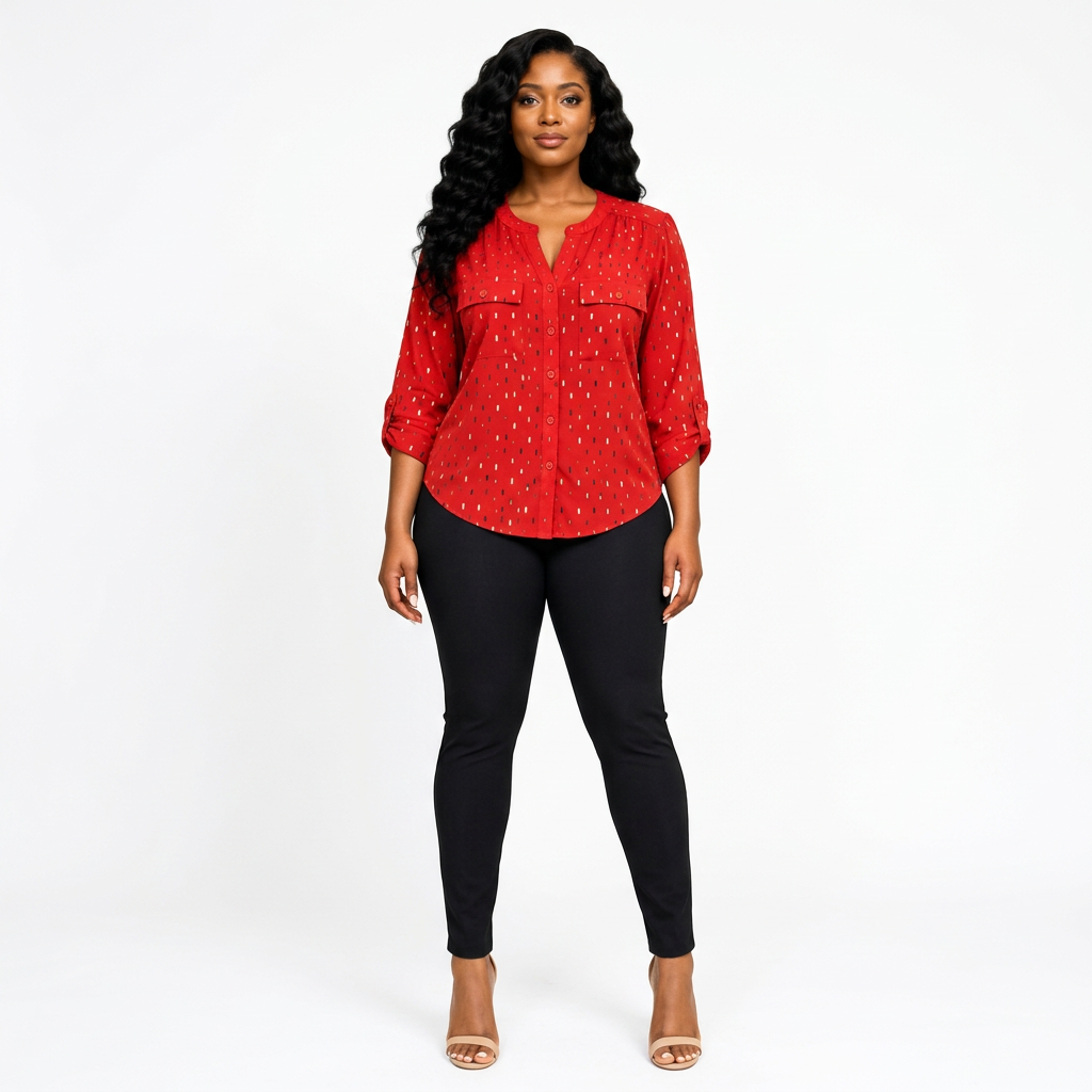 Full-body Black adult model wearing a red patterned roll-sleeve blouse