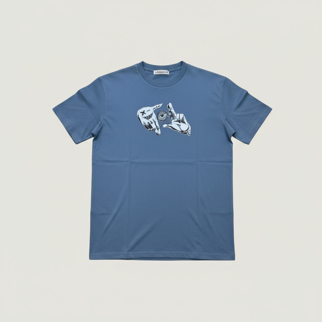 Blue abstract hand graphic T-shirt shown in ghost mannequin style