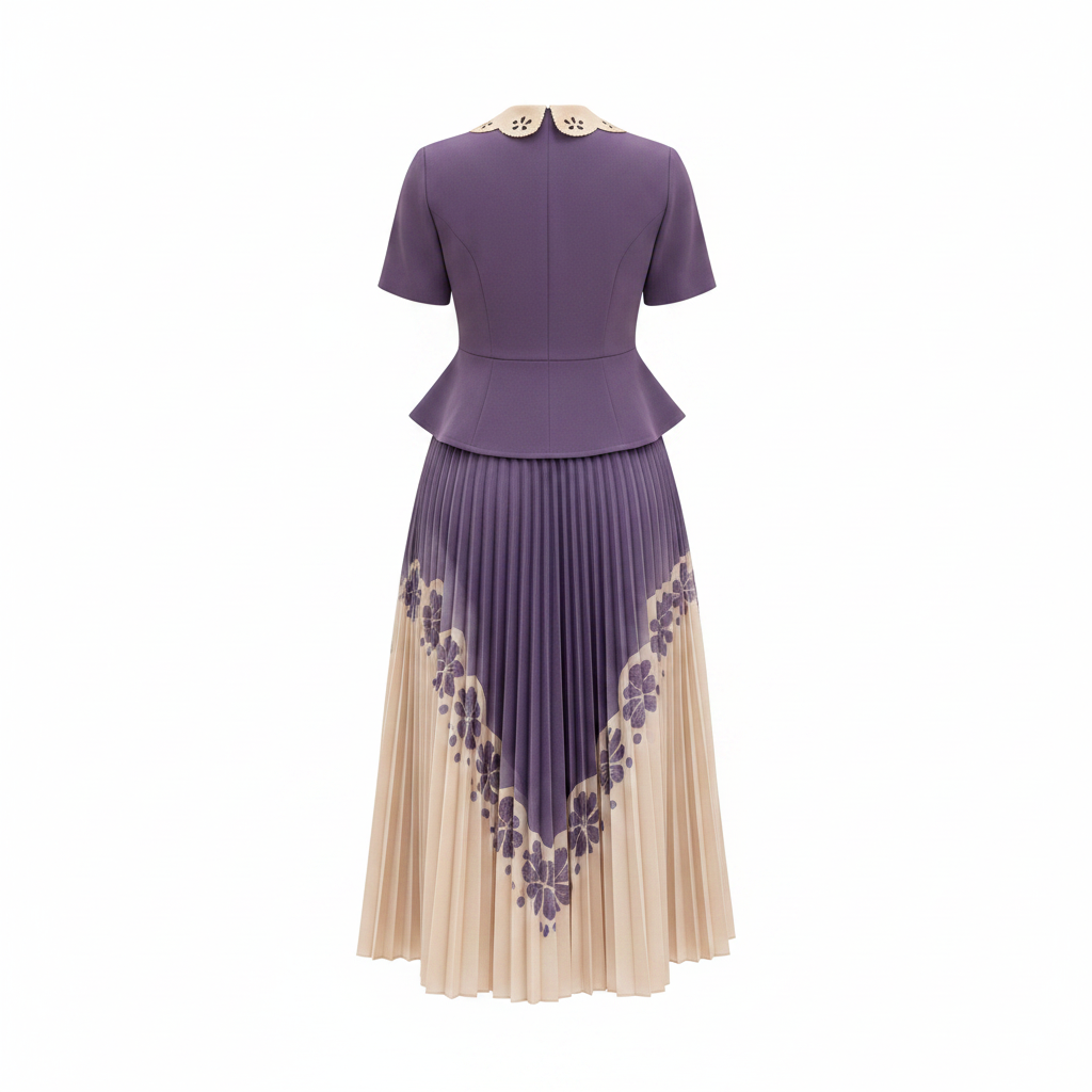 Women's Purple & Cream Floral Pleated Midi Skirt Suit Set - Ghost Mannequin Back View