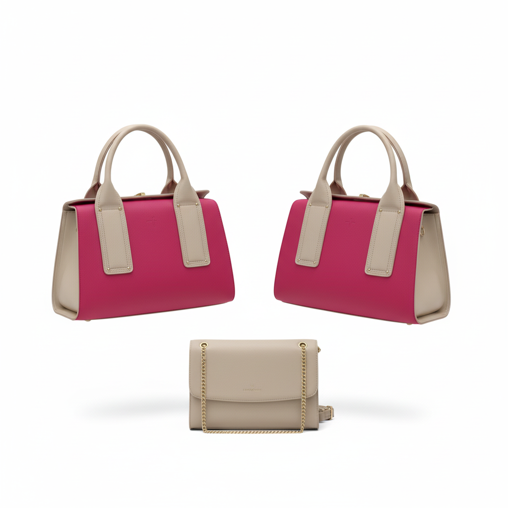 Fuchsia pink tote and cream crossbody designer bag set - ghost mannequin front and side view