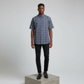Nigerian male model wearing charcoal grey windowpane short-sleeved shirt