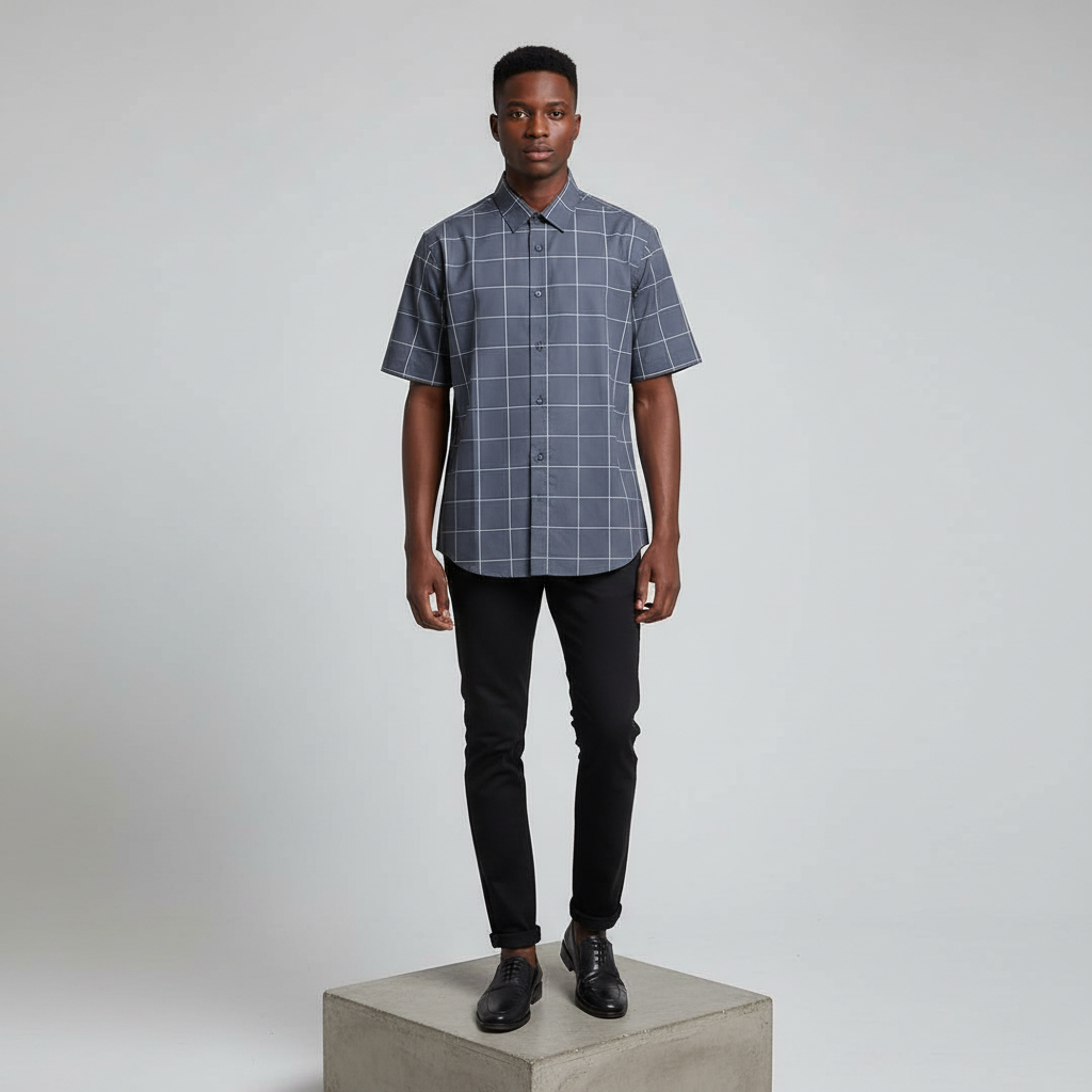 Nigerian male model wearing charcoal grey windowpane short-sleeved shirt