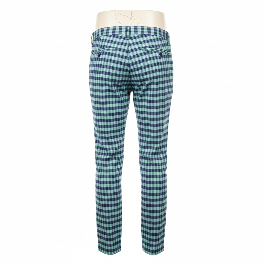 Mint Green Navy Gingham Trousers – Back Ghost Mannequin