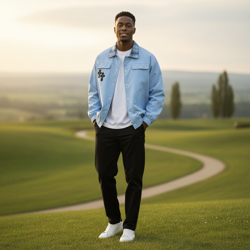 Nigerian model wearing Sky Blue Plaid Collar Cross Emblem Bomber Jacket