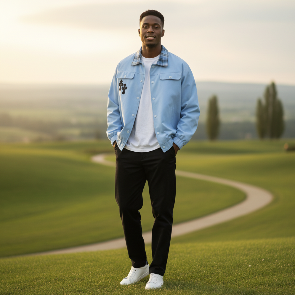 Nigerian model wearing Sky Blue Plaid Collar Cross Emblem Bomber Jacket