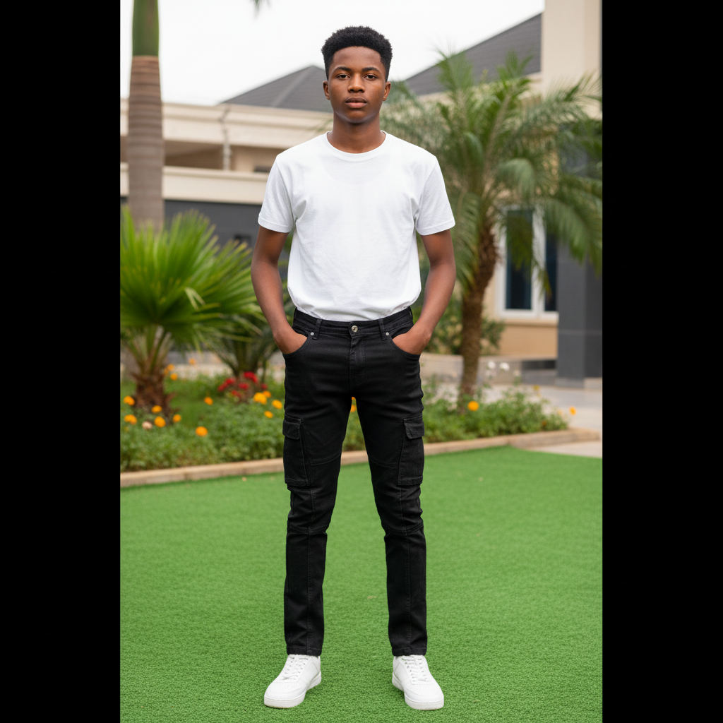 Nigerian teenage male model wearing black slim cargo jeans with utility pockets in garden setting