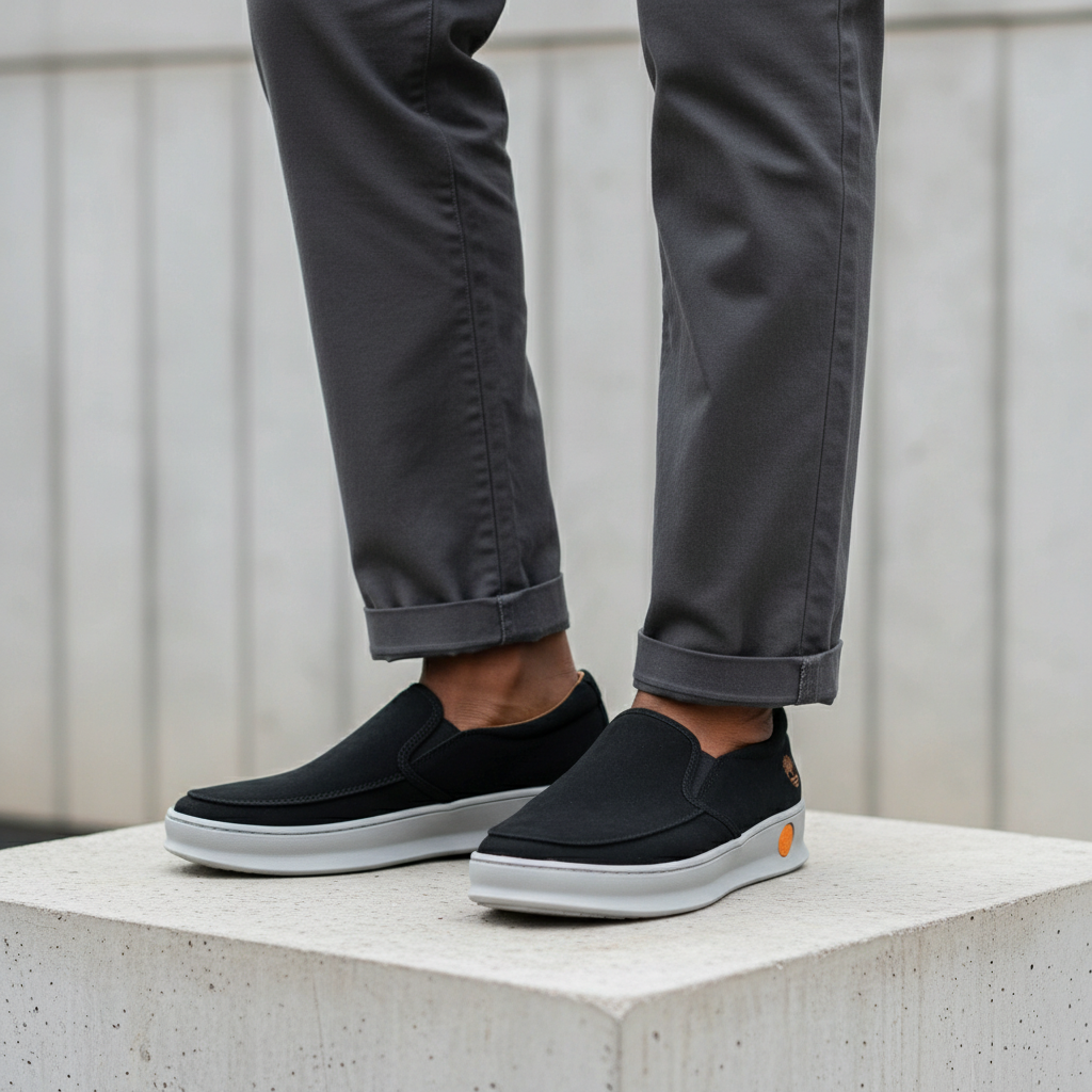 Nigerian male model leg focus shot wearing black suede slip-on sneakers