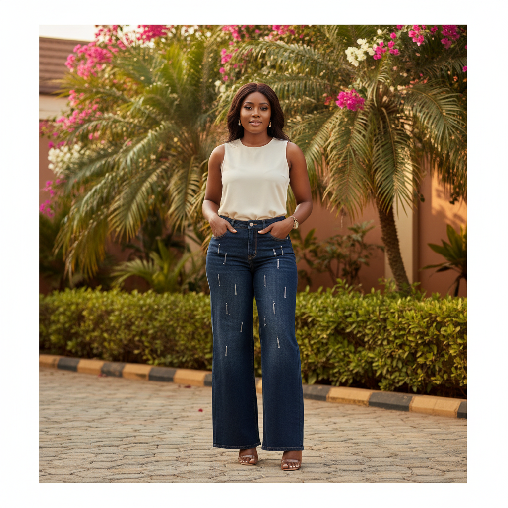 Nigerian female model wearing dark navy wide-leg denim trousers with silver pin embellishments