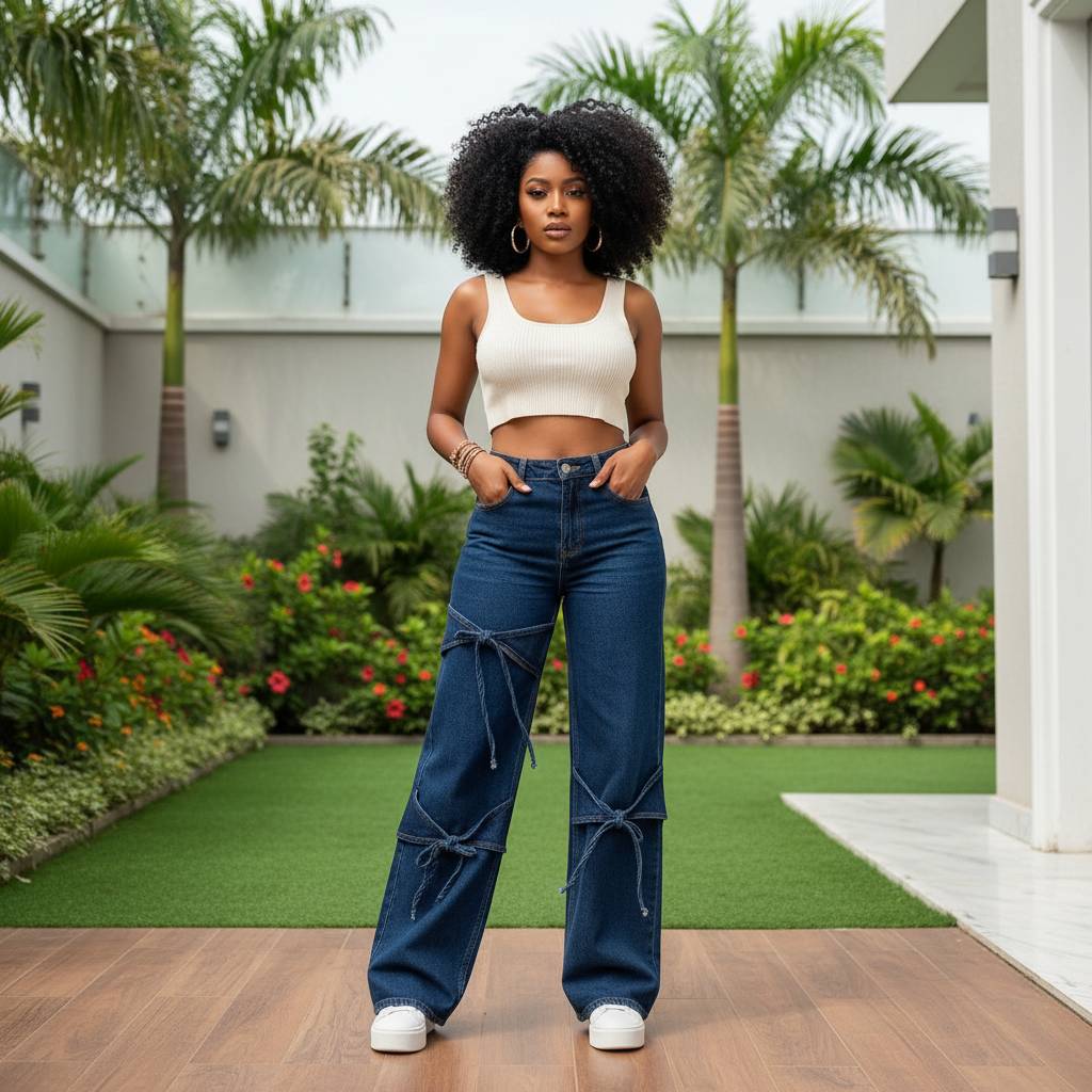 Model shot — Women's Dark Blue Wide-Leg Denim Jeans with Rope Tie Detail