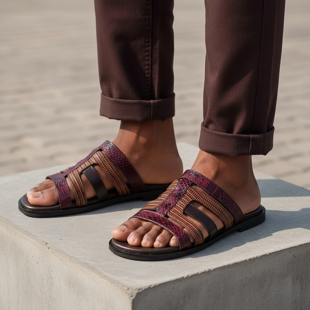 Leg focus shot of men's burgundy croc and tan woven leather triple-strap flat slide sandals on Nigerian male model