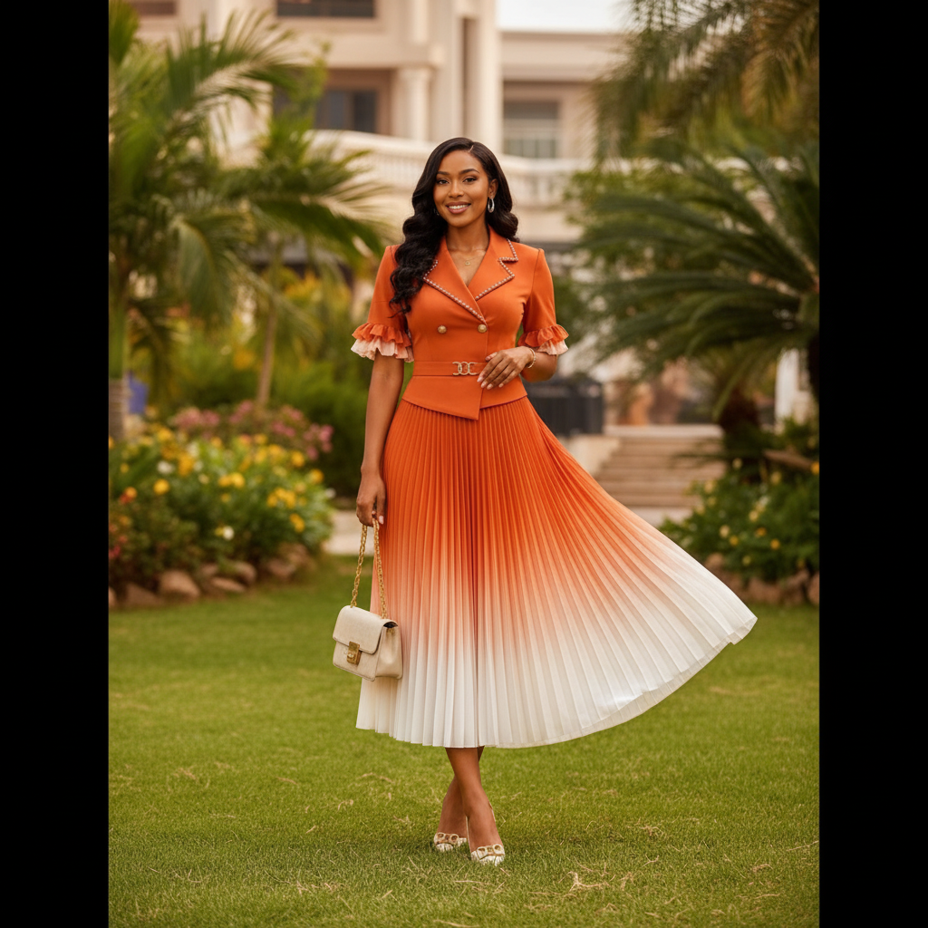 Nigerian female model wearing Women's Orange Ombre Pleated Midi Gown with Pearl Lapel & Gold Belt