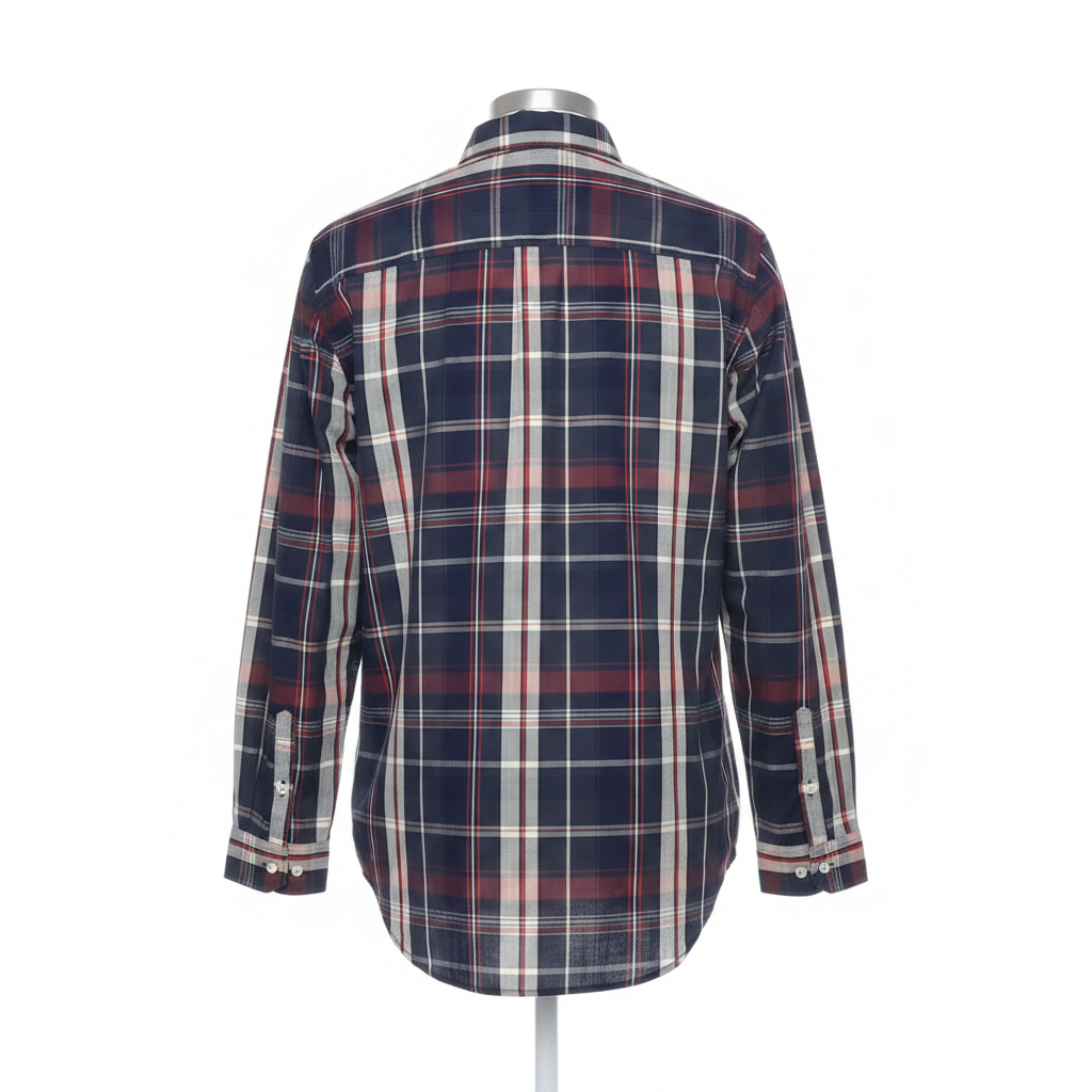 Navy blue red plaid long-sleeved shirt ghost mannequin back view