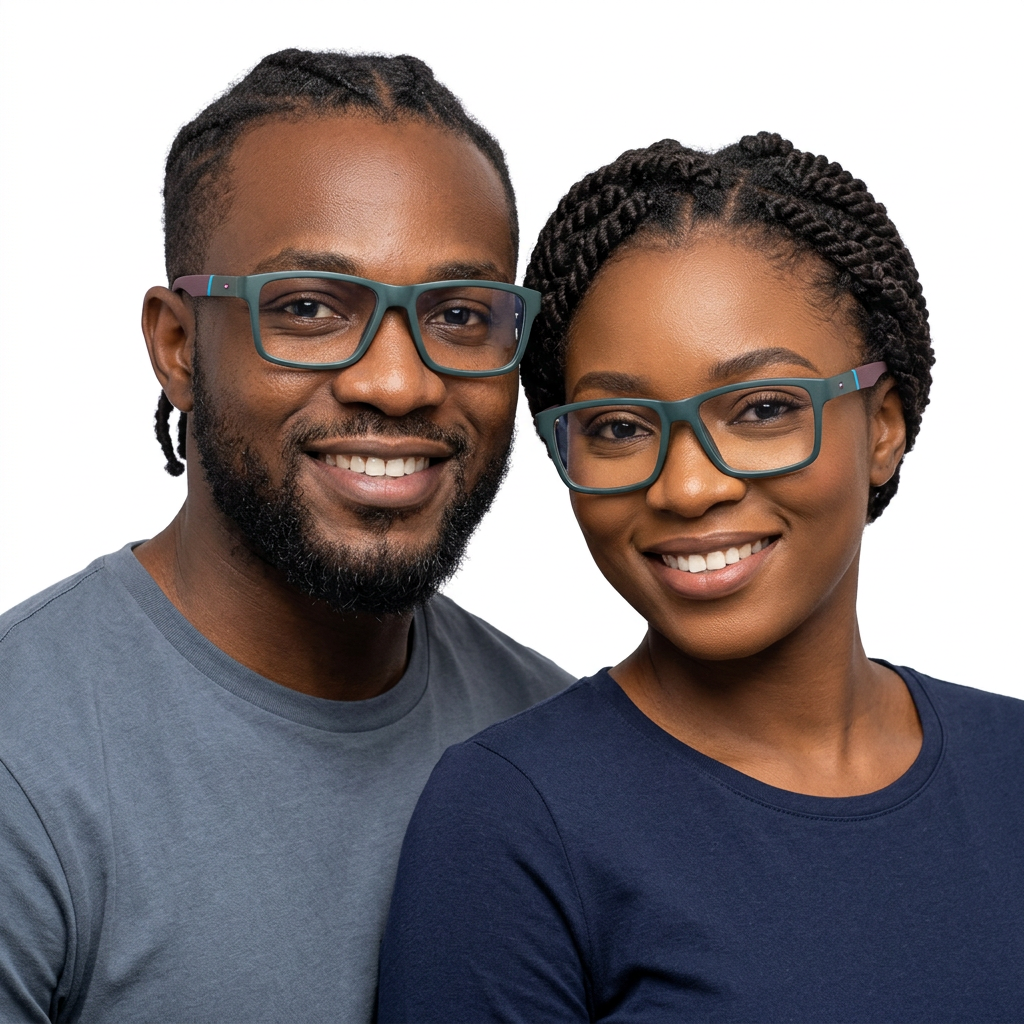 Black adult man and woman wearing teal rectangular eyeglasses with burgundy arms