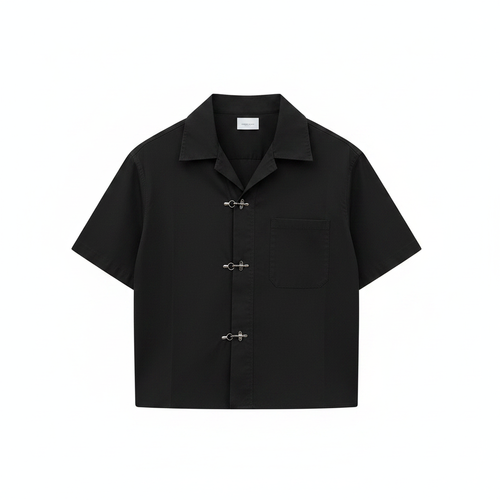 Men's black camp collar shirt with silver hook-clasp fasteners – ghost mannequin front view