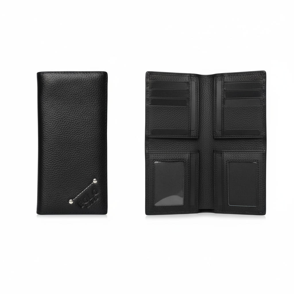 Men's leather wallet catalog shot, closed and open layered inner view