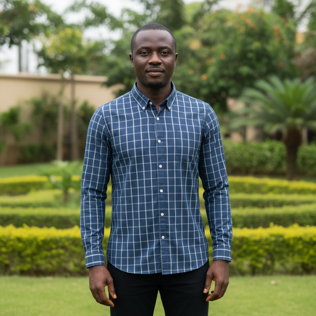 Nigerian model wearing Navy Plaid Button-Down Shirt – Front View