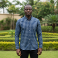 Nigerian model wearing Navy Plaid Button-Down Shirt – Front View