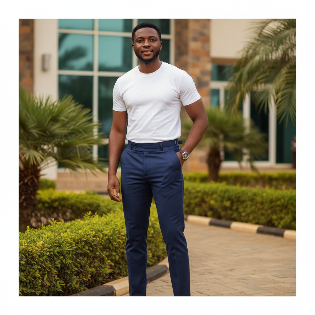 Nigerian male model wearing navy blue slim fit chino trousers with buckle waist in upscale outdoor setting