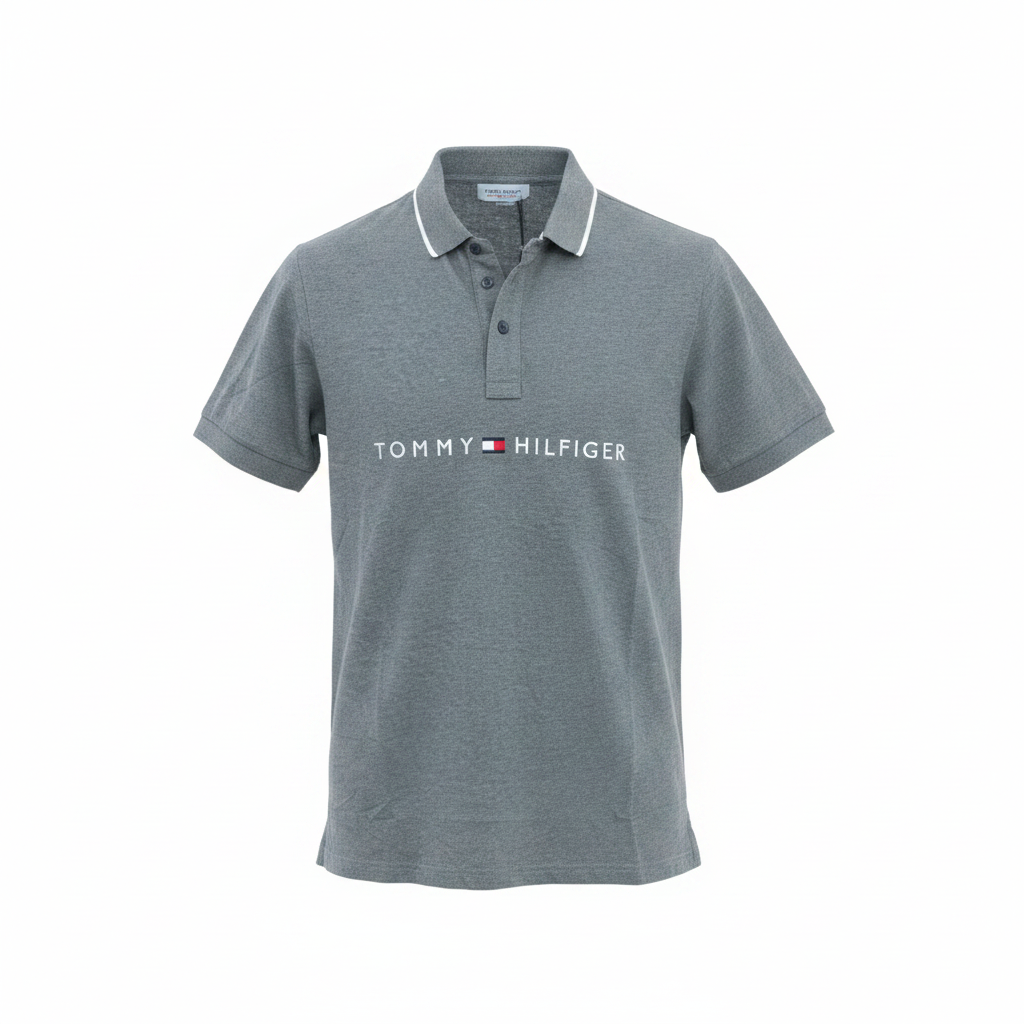 Grey marl short sleeve polo shirt ghost mannequin front view on white background