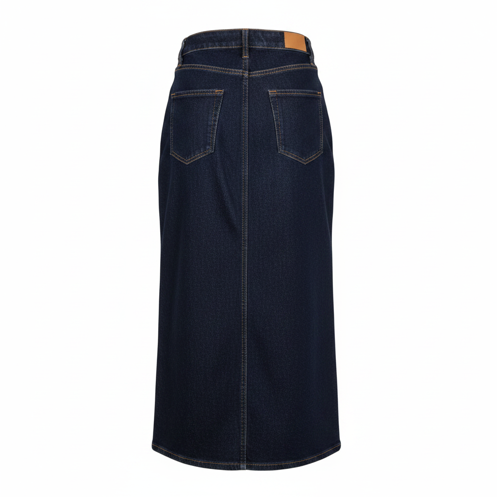 Navy Blue Denim Wrap Midi Skirt - Ghost Mannequin Back