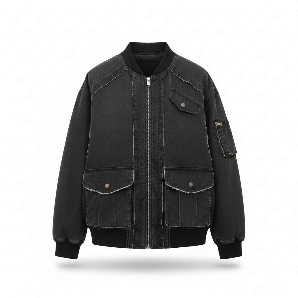 Men's Black Washed Denim Multi-Pocket Oversized Bomber Jacket – Ghost Mannequin Front View