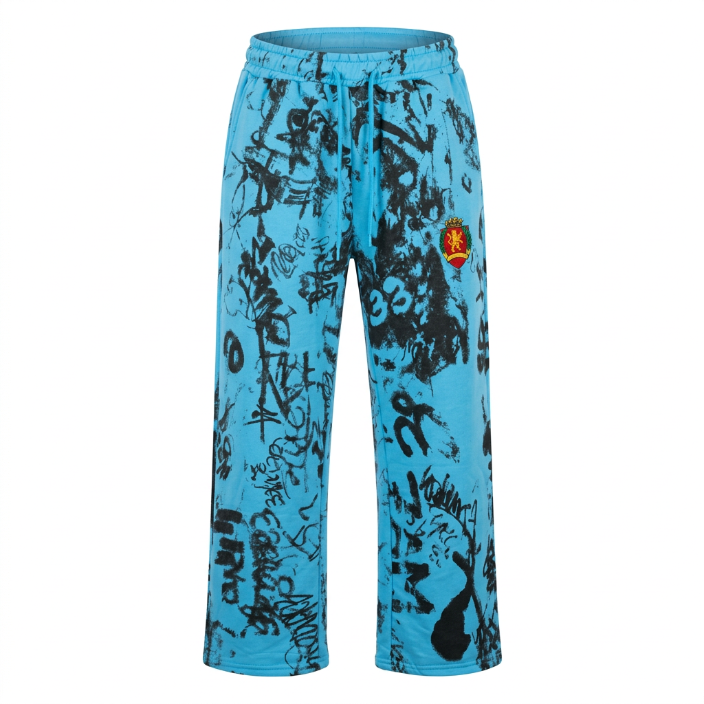 Blue graffiti-print joggers with matching drawstrings and coloured thigh patch, generated ghost mannequin view