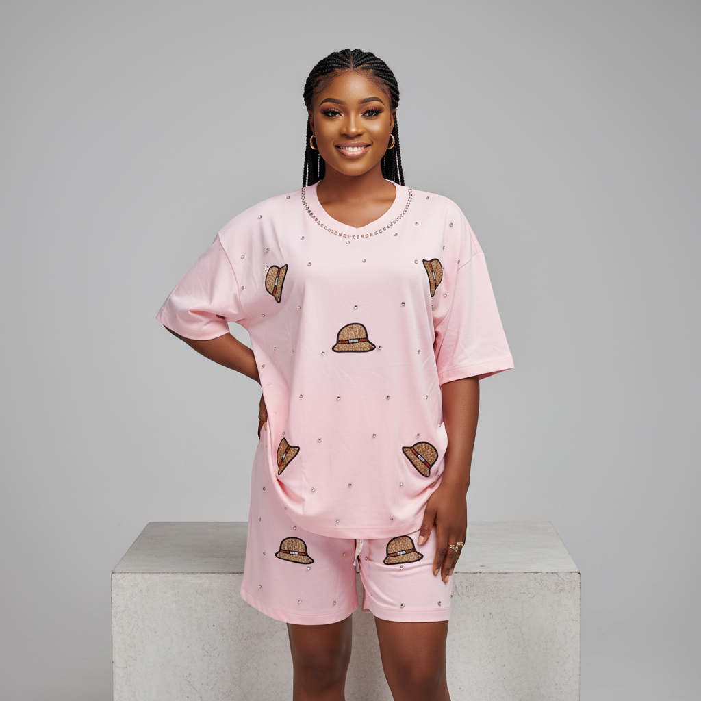 Nigerian female model front view - pink hat patch rhinestone top and shorts set