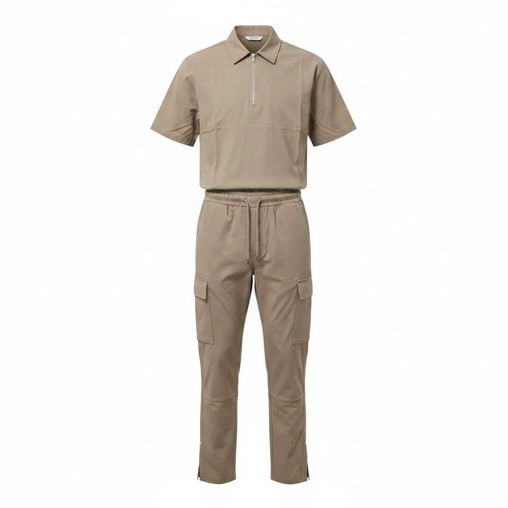 Ghost mannequin view of Unisex Khaki Half-Zip Shirt & Cargo Trousers Co-ord Set