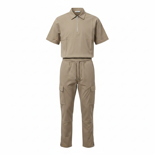 Ghost mannequin view of Unisex Khaki Half-Zip Shirt & Cargo Trousers Co-ord Set