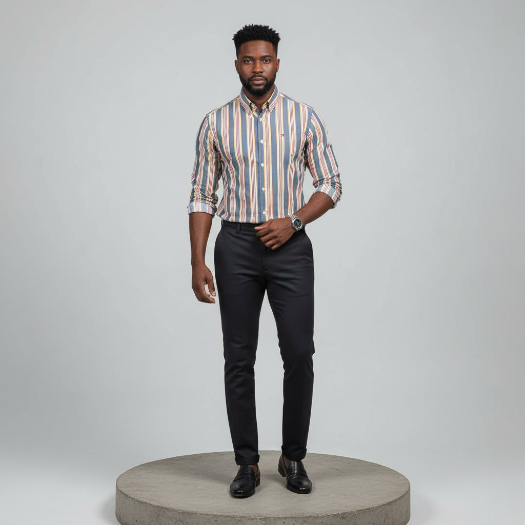 Grey Yellow Pink Striped Long-Sleeved Shirt - Model Shot