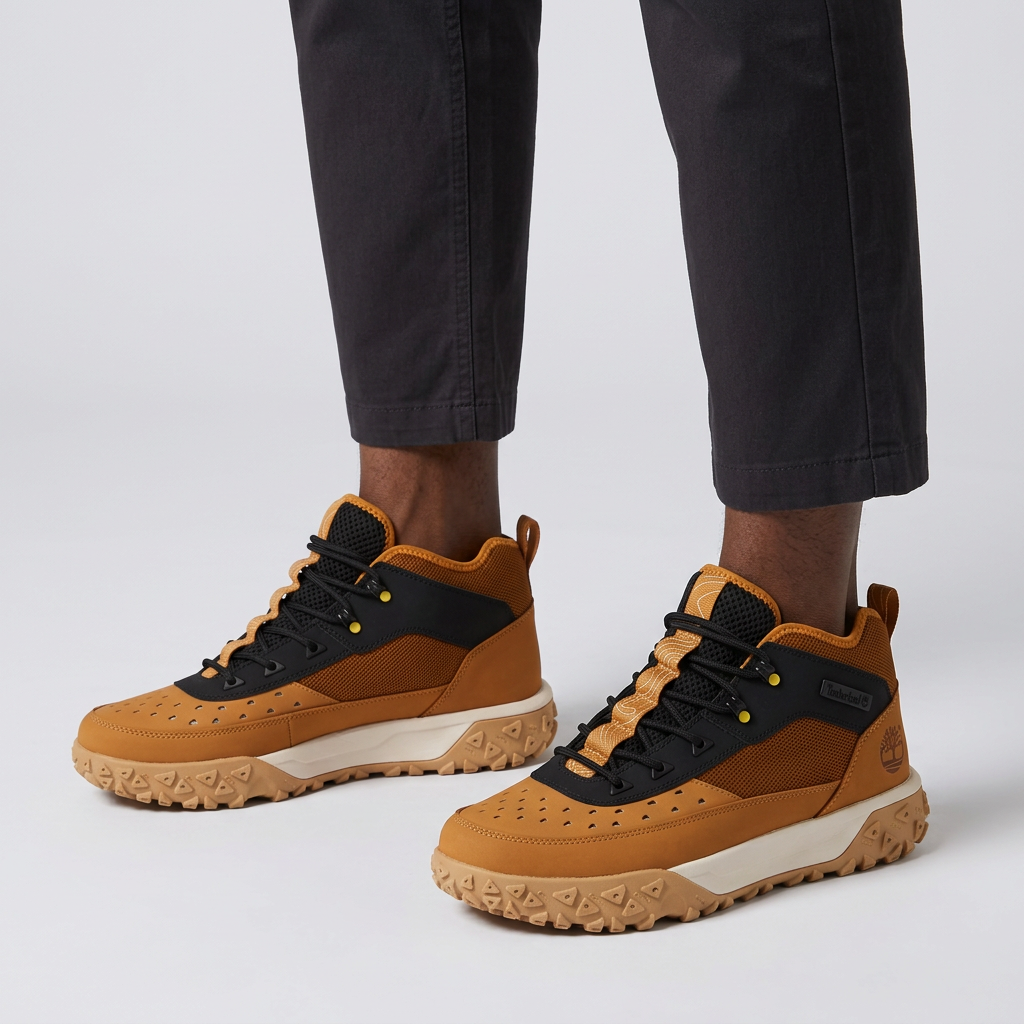 Male model wearing wheat and black mesh-panel sneakers with both shoes visible