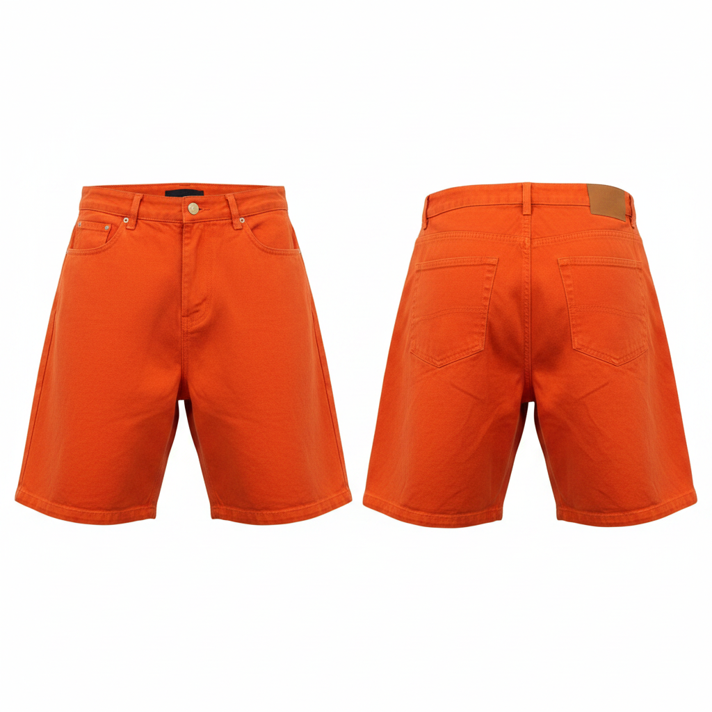 Men's bright orange wide-leg denim shorts ghost mannequin front and back view