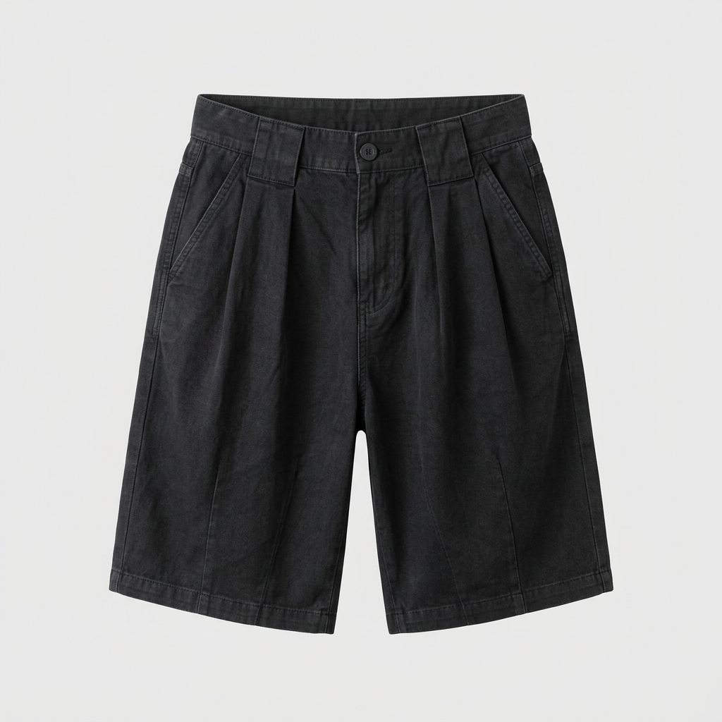 Black pleated relaxed-fit shorts, ghost mannequin front view