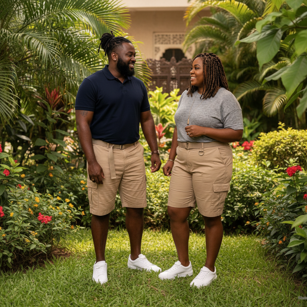 Nigerian male and female models wearing Unisex Khaki Cargo Shorts
